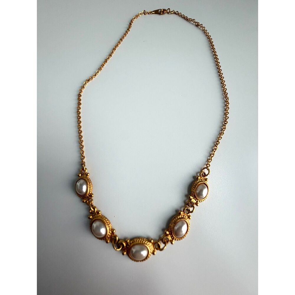 Gold Tone Faux Pearl Statement Necklace Vintage Style Oval Pearl Link Necklace